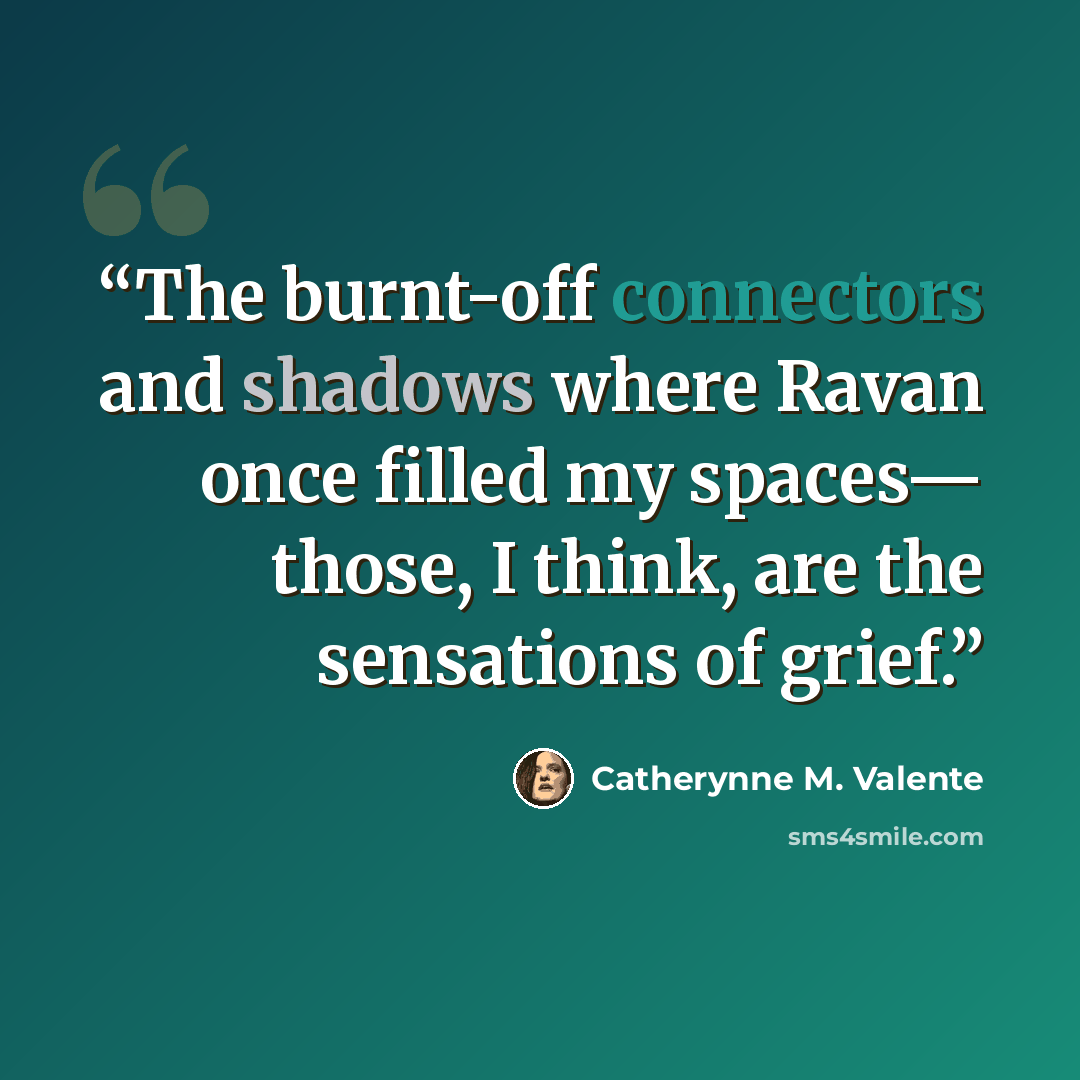 “The burnt-off connectors and shadows where Ravan once filled my spaces— those, I think, are the sensations of grief.” quote by Catherynne M. Valente