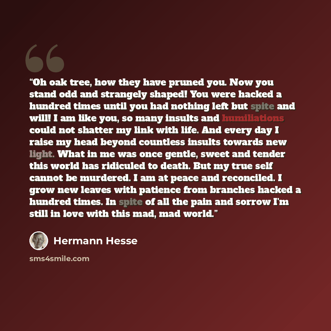 “Oh oak tree, how they have pruned you. Now you stand odd and strangely shaped! You were hacked a hundred times until you had nothing left but spite and will! I am like you, so many insults and humiliations could not shatter my link with life. And every day I raise my head beyond countless insults…” quote by Hermann Hesse