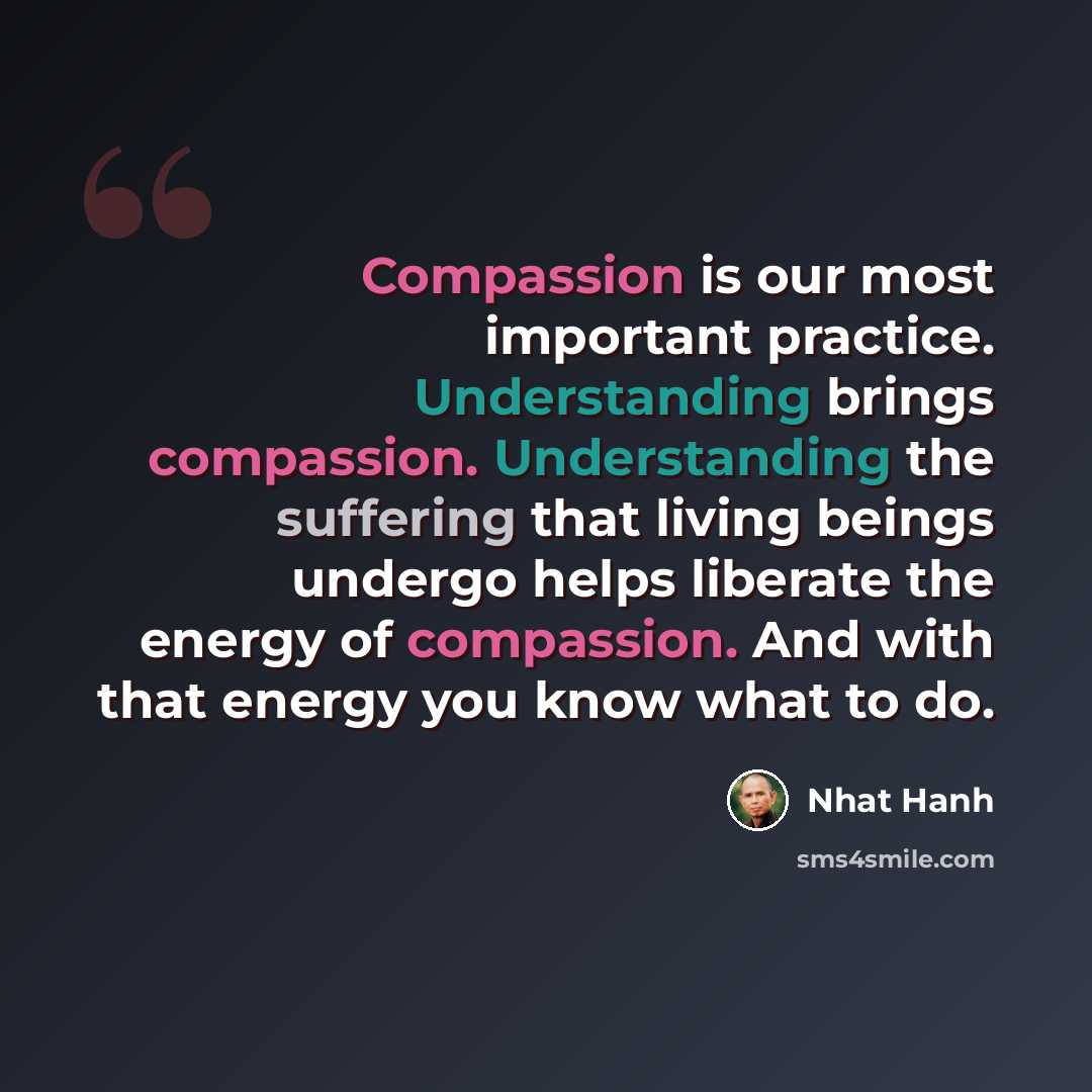 “Compassion is our most important practice. Understanding brings compassion. Understanding the suffering that living beings undergo helps liberate the energy of compassion. And with that energy you know what to do.” quote by Nhat Hanh