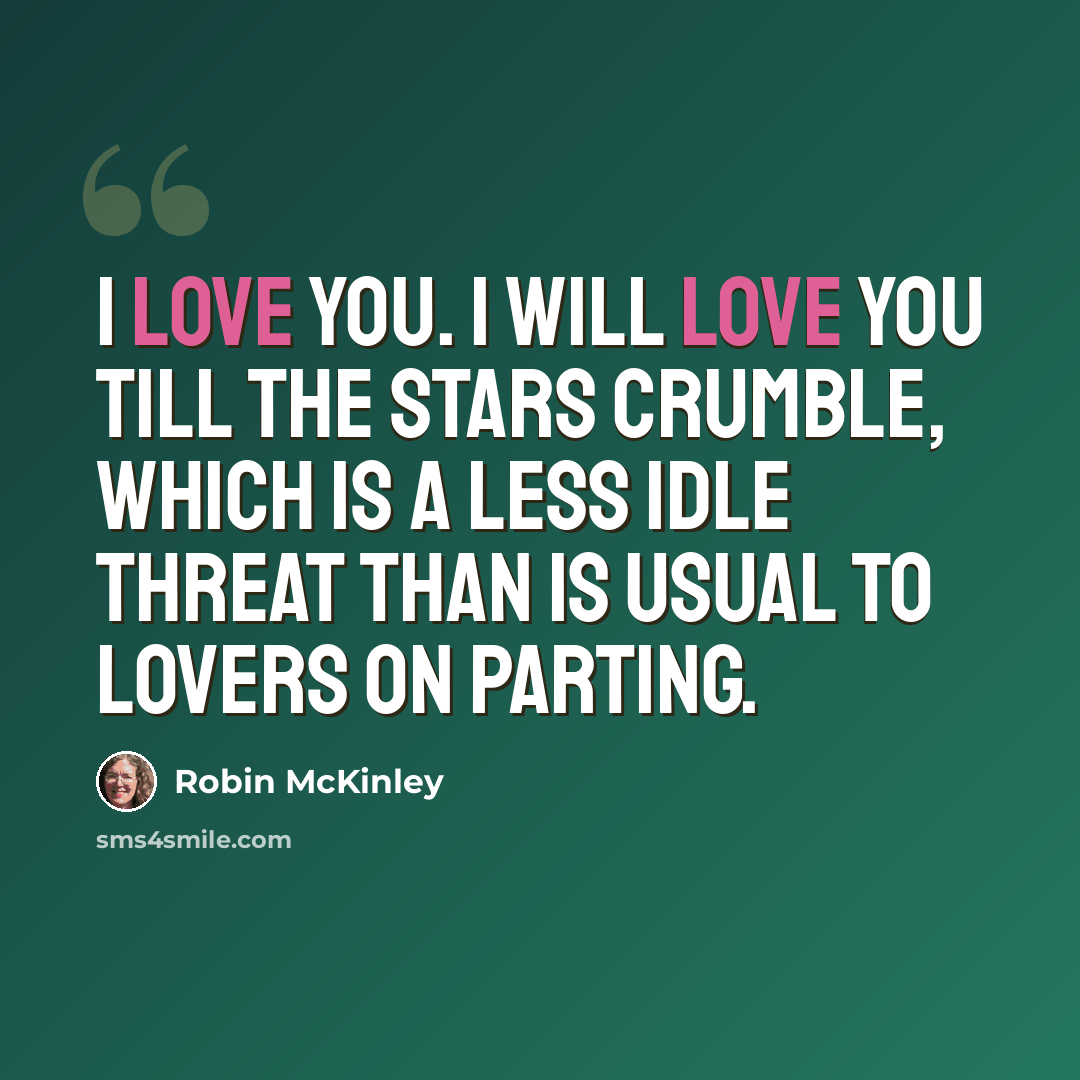 “I love you. I will love you till the stars crumble, which is a less idle threat than is usual to lovers on parting.” quote by Robin McKinley