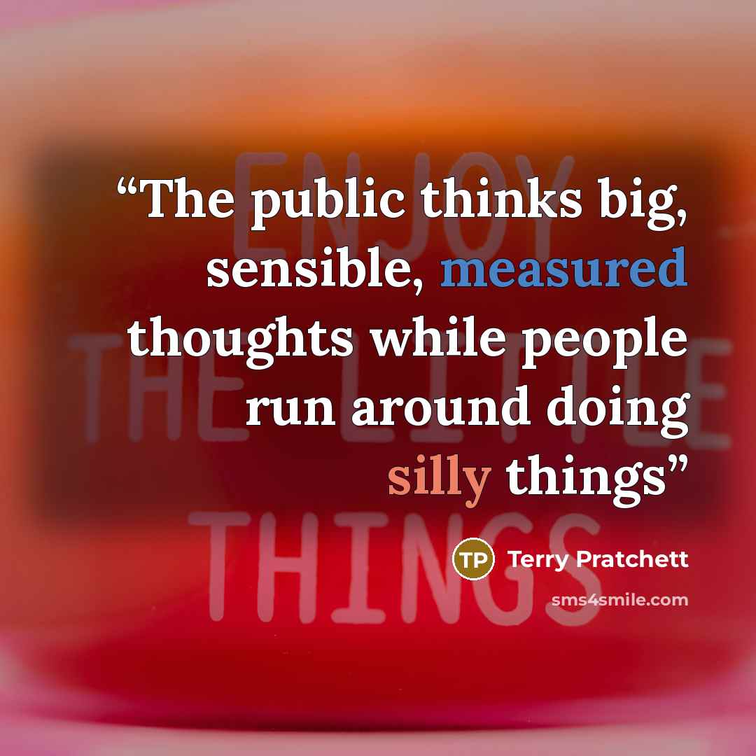 “The public thinks big, sensible, measured thoughts while people run around doing silly things” quote by Terry Pratchett