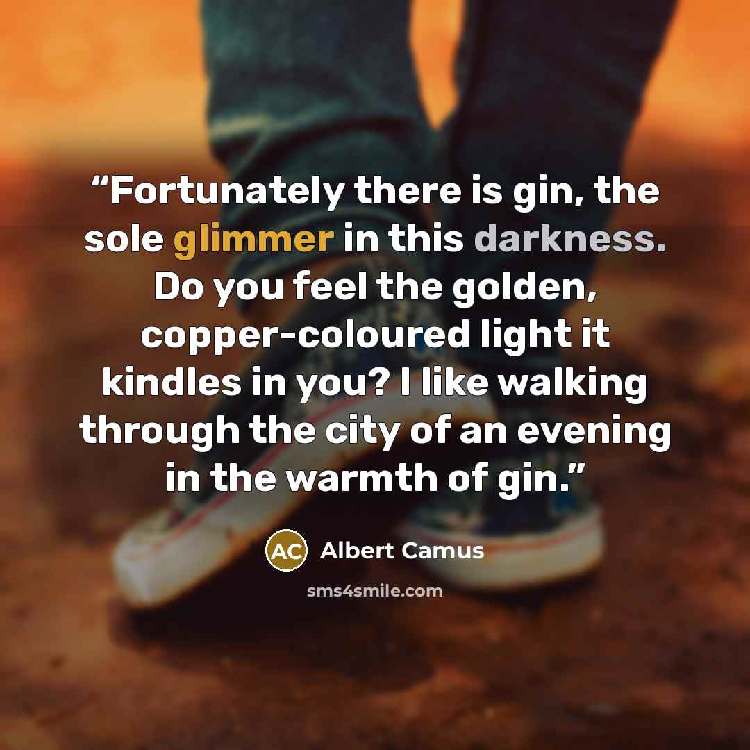 “Fortunately there is gin, the sole glimmer in this darkness. Do you feel the golden, copper-coloured light it kindles in you? I like walking through the city of an evening in the warmth of gin.” quote by Albert Camus