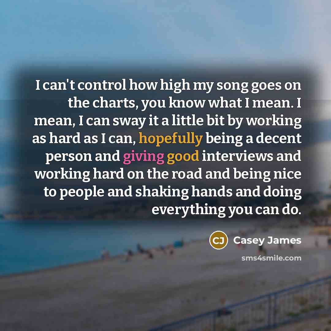 “I can't control how high my song goes on the charts, you know what I mean. I mean, I can sway it a little bit by working as hard as I can, hopefully being a decent person and giving good interviews and working hard on the road and being nice to people and shaking hands and doing everything you can…” quote by Casey James