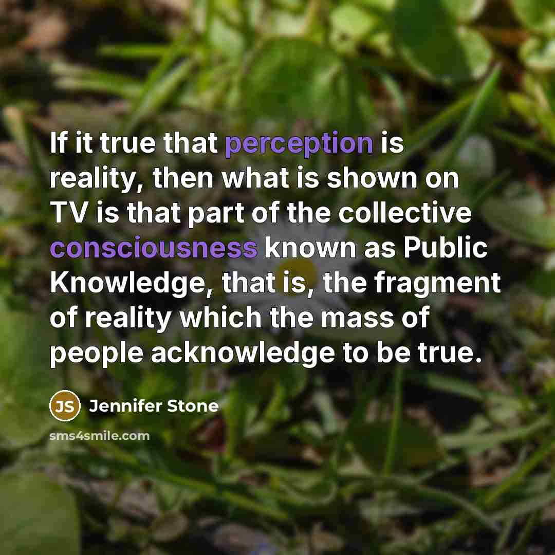 “If it true that perception is reality, then what is shown on TV is that part of the collective consciousness known as Public Knowledge, that is, the fragment of reality which the mass of people acknowledge to be true.” quote by Jennifer Stone