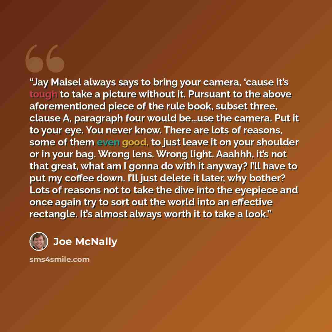 “Jay Maisel always says to bring your camera, ‘cause it’s tough to take a picture without it. Pursuant to the above aforementioned piece of the rule book, subset three, clause A, paragraph four would be…use the camera. Put it to your eye. You never know. There are lots of reasons, some of them even…” quote by Joe McNally