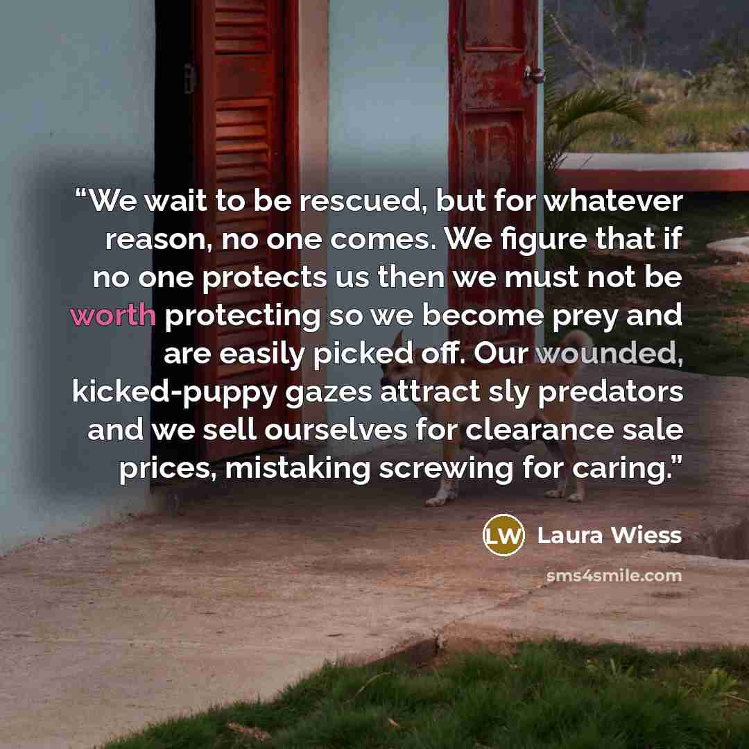 “We wait to be rescued, but for whatever reason, no one comes. We figure that if no one protects us then we must not be worth protecting so we become prey and are easily picked off. Our wounded, kicked-puppy gazes attract sly predators and we sell ourselves for clearance sale prices, mistaking…” quote by Laura Wiess