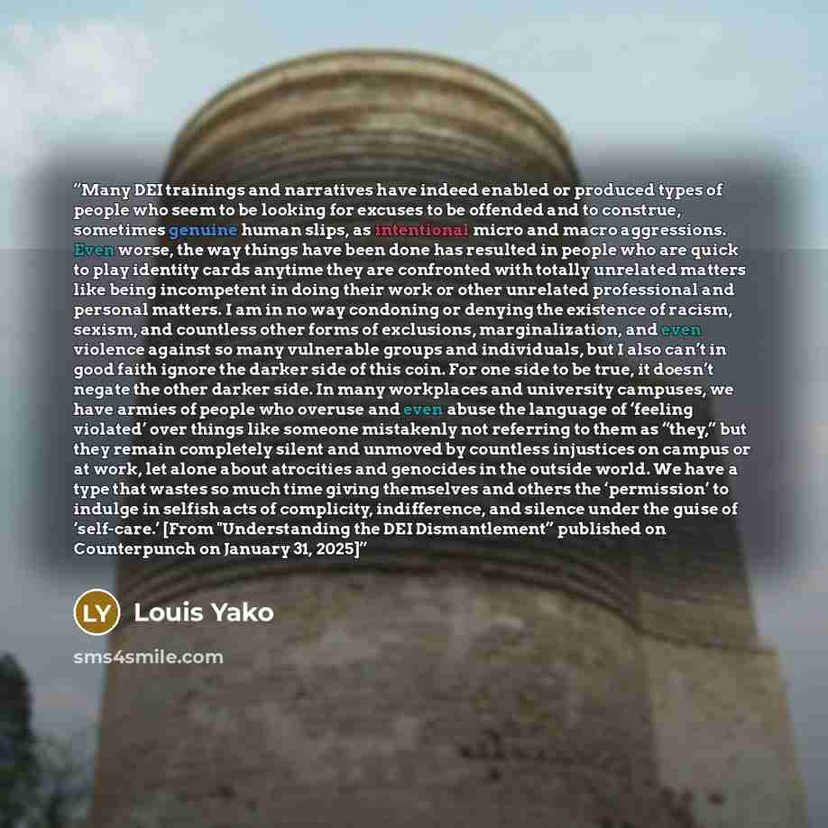 “Many DEI trainings and narratives have indeed enabled or produced types of people who seem to be looking for excuses to be offended and to construe, sometimes genuine human slips, as intentional micro and macro aggressions. Even worse, the way things have been done has resulted in people who are…” quote by Louis Yako