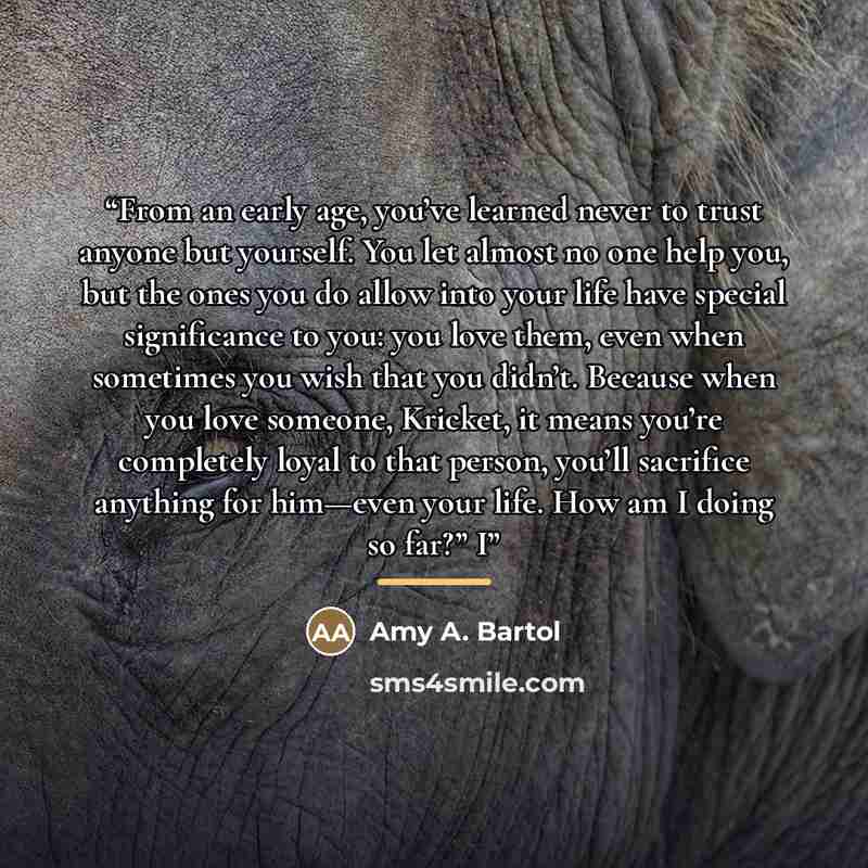 “From an early age, you’ve learned never to trust anyone but yourself. You let almost no one help you, but the ones you do allow into your life have special significance to you: you love them, even when sometimes you wish that you didn’t. Because when you love someone, Kricket, it means you’re…” quote by Amy A. Bartol
