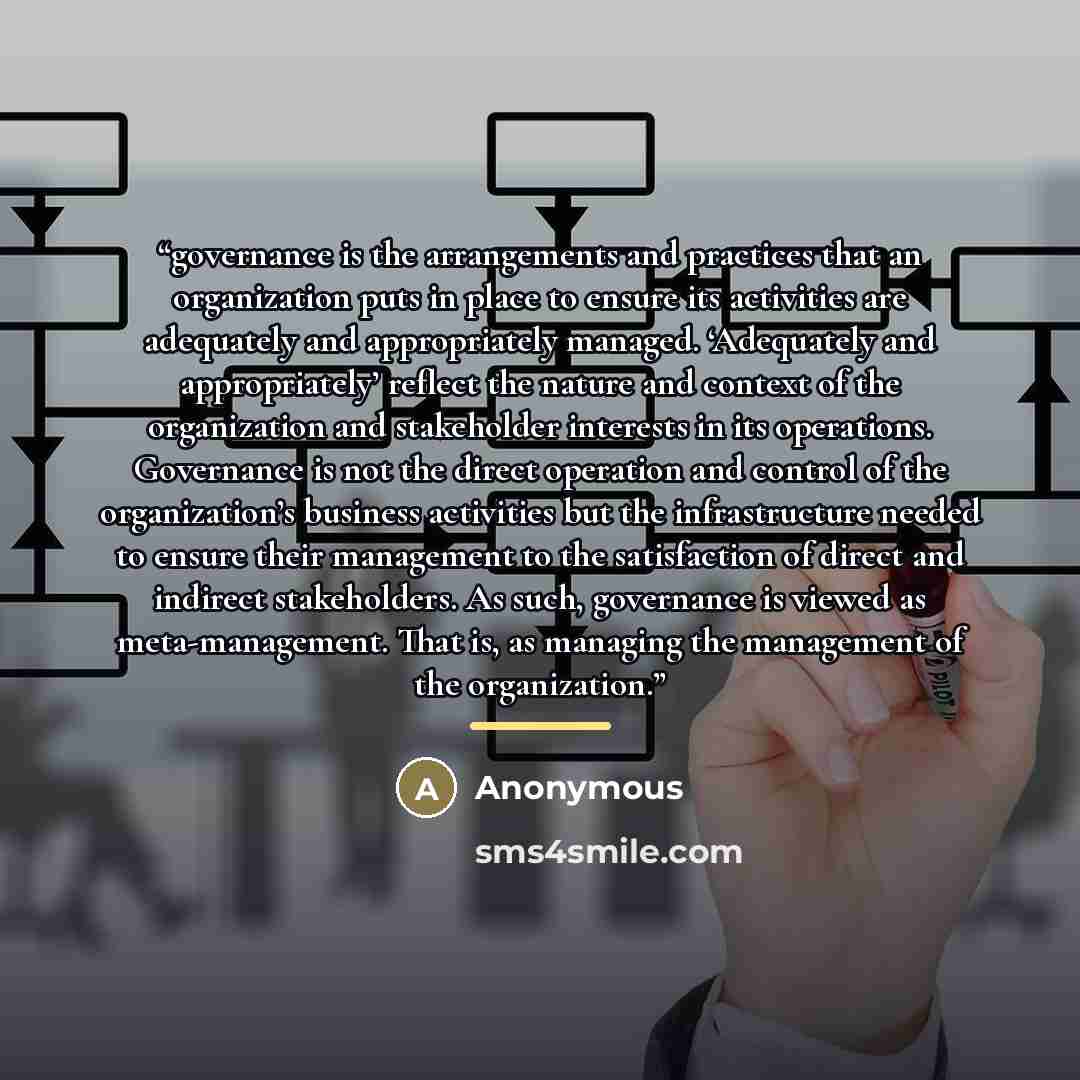 “governance is the arrangements and practices that an organization puts in place to ensure its activities are adequately and appropriately managed. ‘Adequately and appropriately’ reflect the nature and context of the organization and stakeholder interests in its operations. Governance is not the…” quote by Anonymous