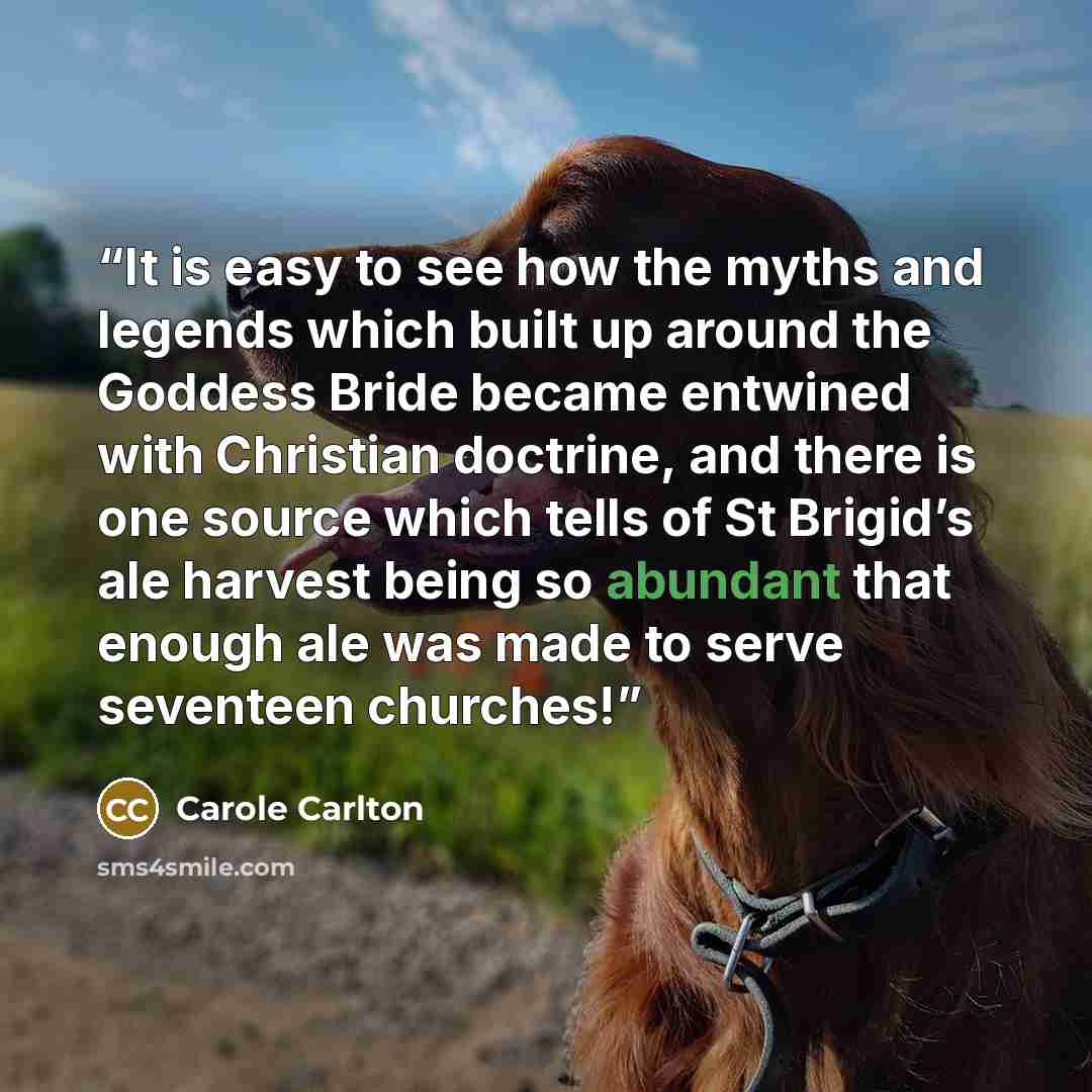 “It is easy to see how the myths and legends which built up around the Goddess Bride became entwined with Christian doctrine, and there is one source which tells of St Brigid’s ale harvest being so abundant that enough ale was made to serve seventeen churches!” quote by Carole Carlton