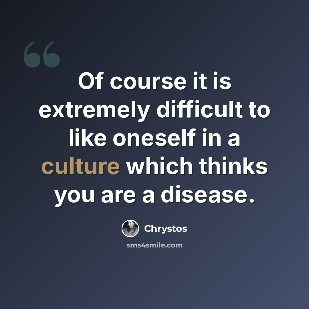 “Of course it is extremely difficult to like oneself in a culture which thinks you are a disease.” quote by Chrystos