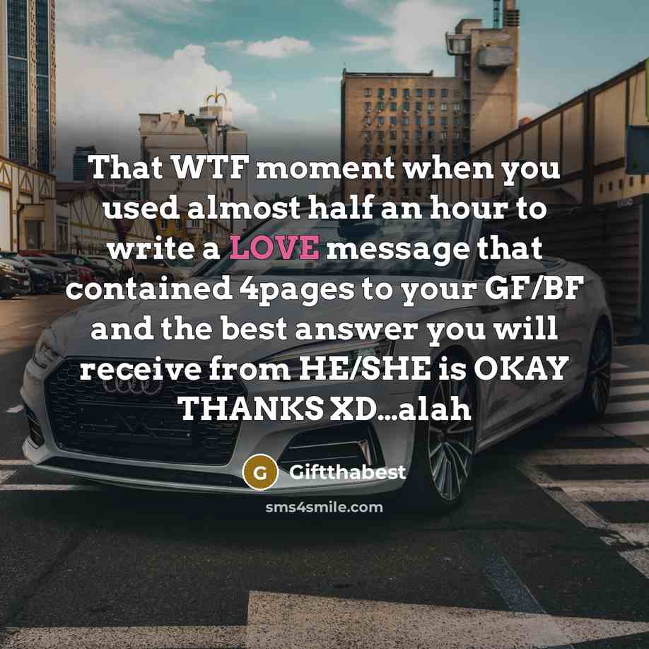 “That WTF moment when you used almost half an hour to write a LOVE message that contained 4pages to your GF/BF and the best answer you will receive from HE/SHE is OKAY THANKS XD…alah” quote by Giftthabest