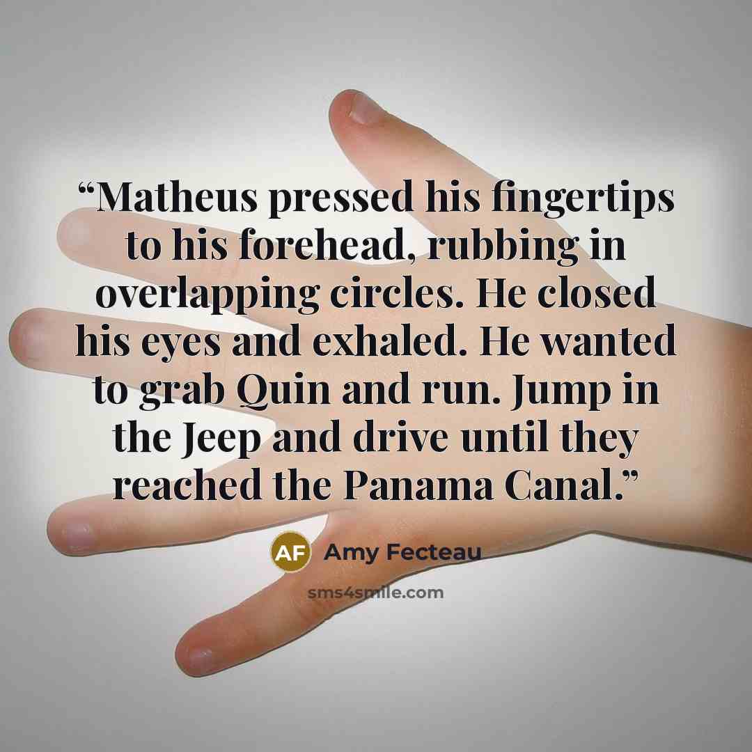 “Matheus pressed his fingertips to his forehead, rubbing in overlapping circles. He closed his eyes and exhaled. He wanted to grab Quin and run. Jump in the Jeep and drive until they reached the Panama Canal.” quote by Amy Fecteau