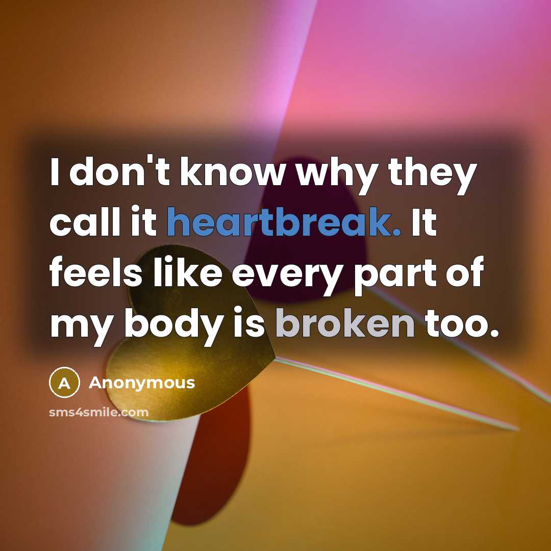 “I don't know why they call it heartbreak. It feels like every part of my body is broken too.” quote by Anonymous