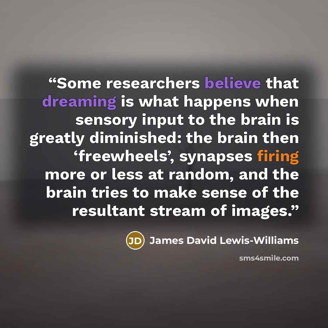 “Some researchers believe that dreaming is what happens when sensory input to the brain is greatly diminished: the brain then ‘freewheels’, synapses firing more or less at random, and the brain tries to make sense of the resultant stream of images.” quote by James David Lewis-Williams