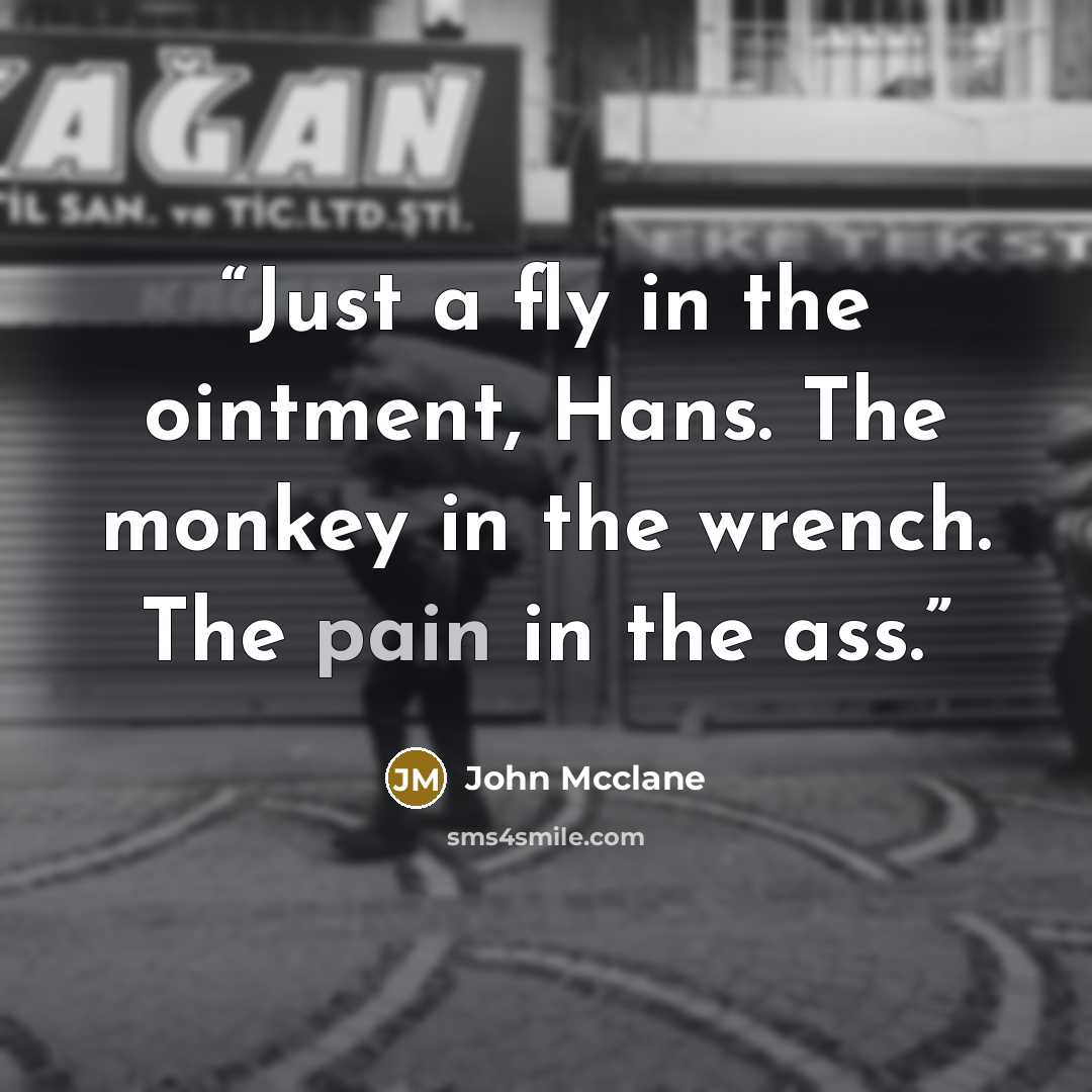“Just a fly in the ointment, Hans. The monkey in the wrench. The pain in the ass.” quote by John McClane