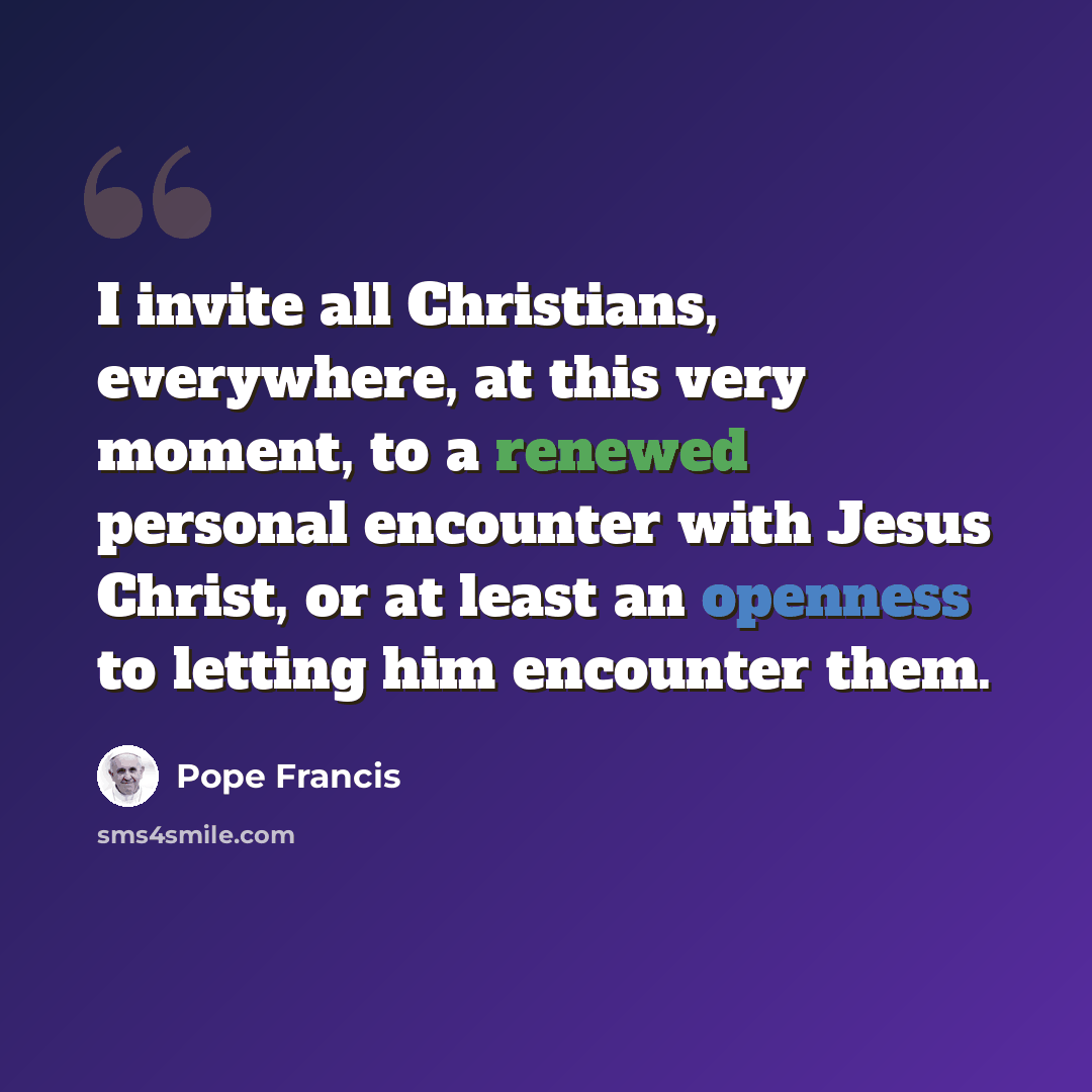“I invite all Christians, everywhere, at this very moment, to a renewed personal encounter with Jesus Christ, or at least an openness to letting him encounter them.” quote by Pope Francis