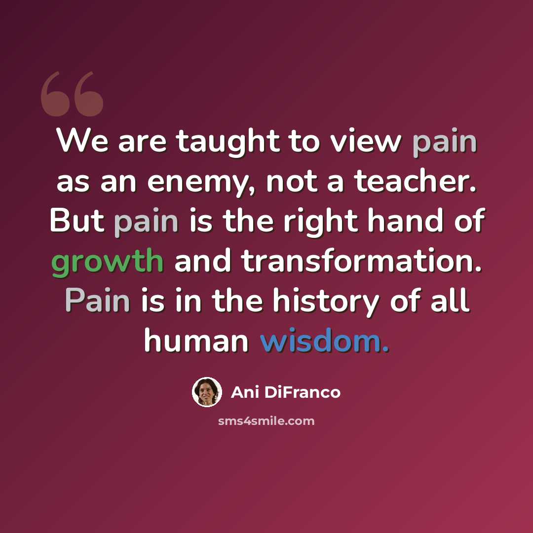 “We are taught to view pain as an enemy, not a teacher. But pain is the right hand of growth and transformation. Pain is in the history of all human wisdom.” quote by Ani DiFranco