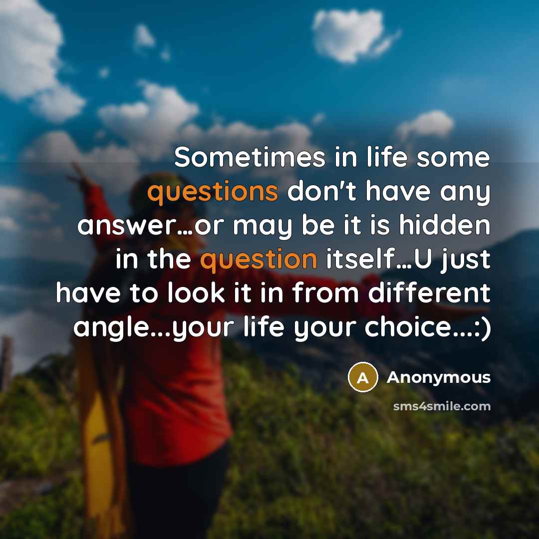 “Sometimes in life some questions don't have any answer…or may be it is hidden in the question itself…U just have to look it in from different angle...your life your choice...:)” quote by Anonymous