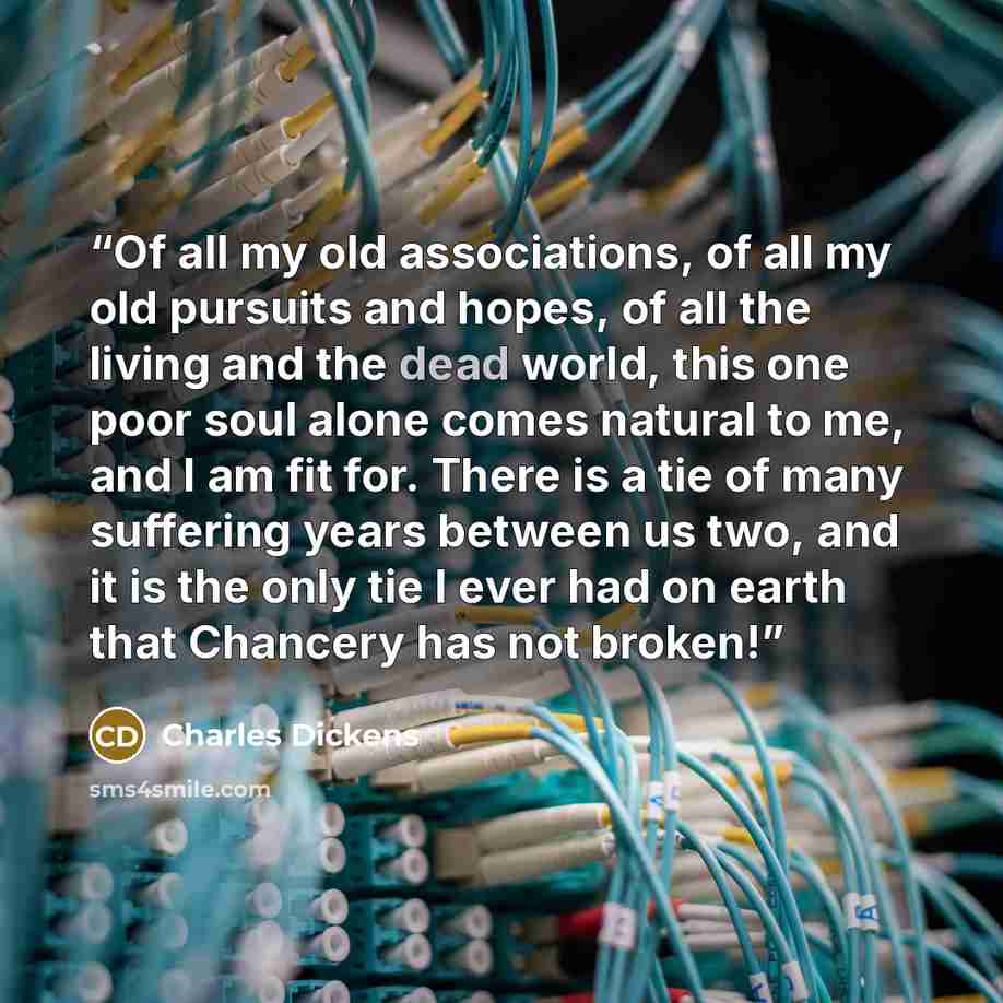 “Of all my old associations, of all my old pursuits and hopes, of all the living and the dead world, this one poor soul alone comes natural to me, and I am fit for. There is a tie of many suffering years between us two, and it is the only tie I ever had on earth that Chancery has not broken!” quote by Charles Dickens
