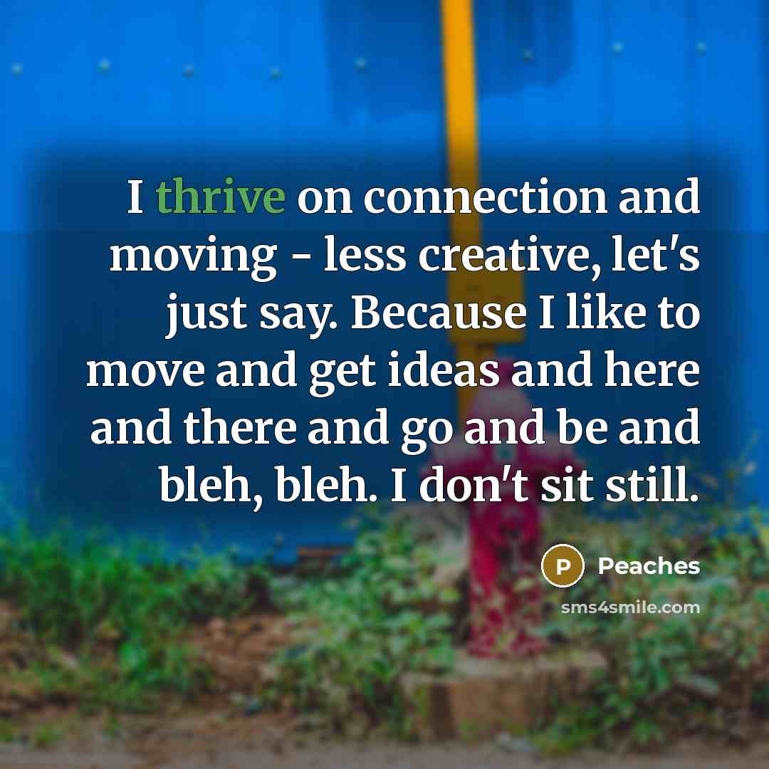 “I thrive on connection and moving - less creative, let's just say. Because I like to move and get ideas and here and there and go and be and bleh, bleh. I don't sit still.” quote by Peaches