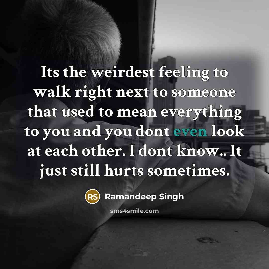 “Its the weirdest feeling to walk right next to someone that used to mean everything to you and you dont even look at each other. I dont know.. It just still hurts sometimes.” quote by Ramandeep Singh