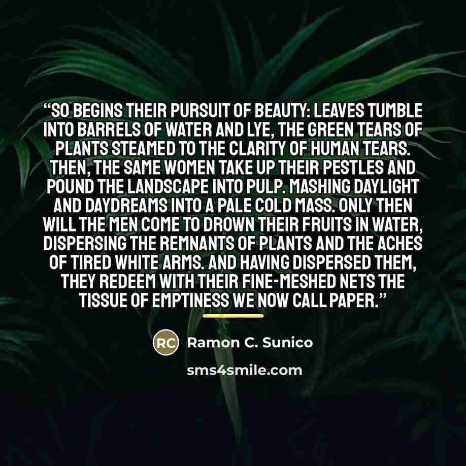 “So begins their pursuit of beauty: leaves tumble into barrels of water and lye, the green tears of plants steamed to the clarity of human tears. Then, the same women take up Their pestles and pound the landscape Into pulp. Mashing daylight and daydreams into a pale cold mass. Only then will the…” quote by Ramon C. Sunico
