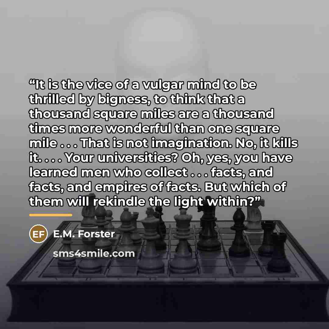 “It is the vice of a vulgar mind to be thrilled by bigness, to think that a thousand square miles are a thousand times more wonderful than one square mile . . . That is not imagination. No, it kills it. . . . Your universities? Oh, yes, you have learned men who collect . . . facts, and facts, and…” quote by E.M. Forster