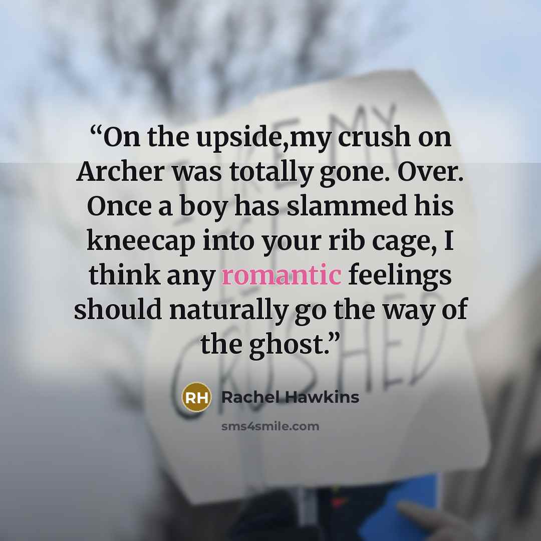 “On the upside,my crush on Archer was totally gone. Over. Once a boy has slammed his kneecap into your rib cage, I think any romantic feelings should naturally go the way of the ghost.” quote by Rachel Hawkins