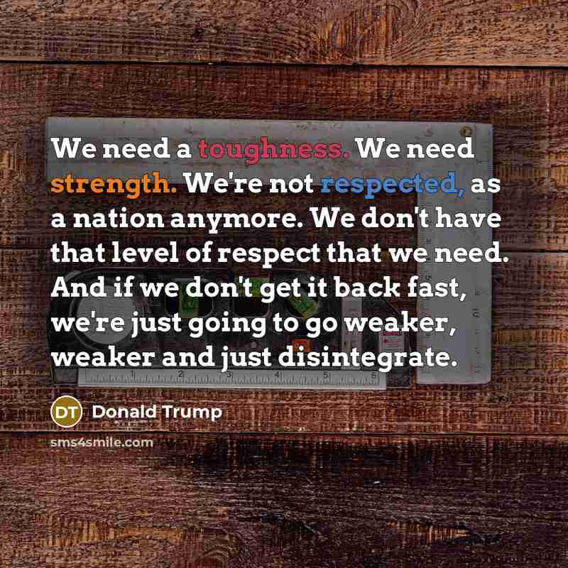 “We need a toughness. We need strength. We're not respected, as a nation anymore. We don't have that level of respect that we need. And if we don't get it back fast, we're just going to go weaker, weaker and just disintegrate.” quote by Donald Trump