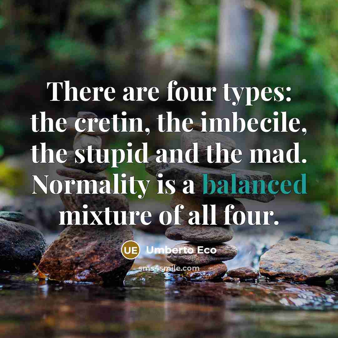“There are four types: the cretin, the imbecile, the stupid and the mad. Normality is a balanced mixture of all four.” quote by Umberto Eco
