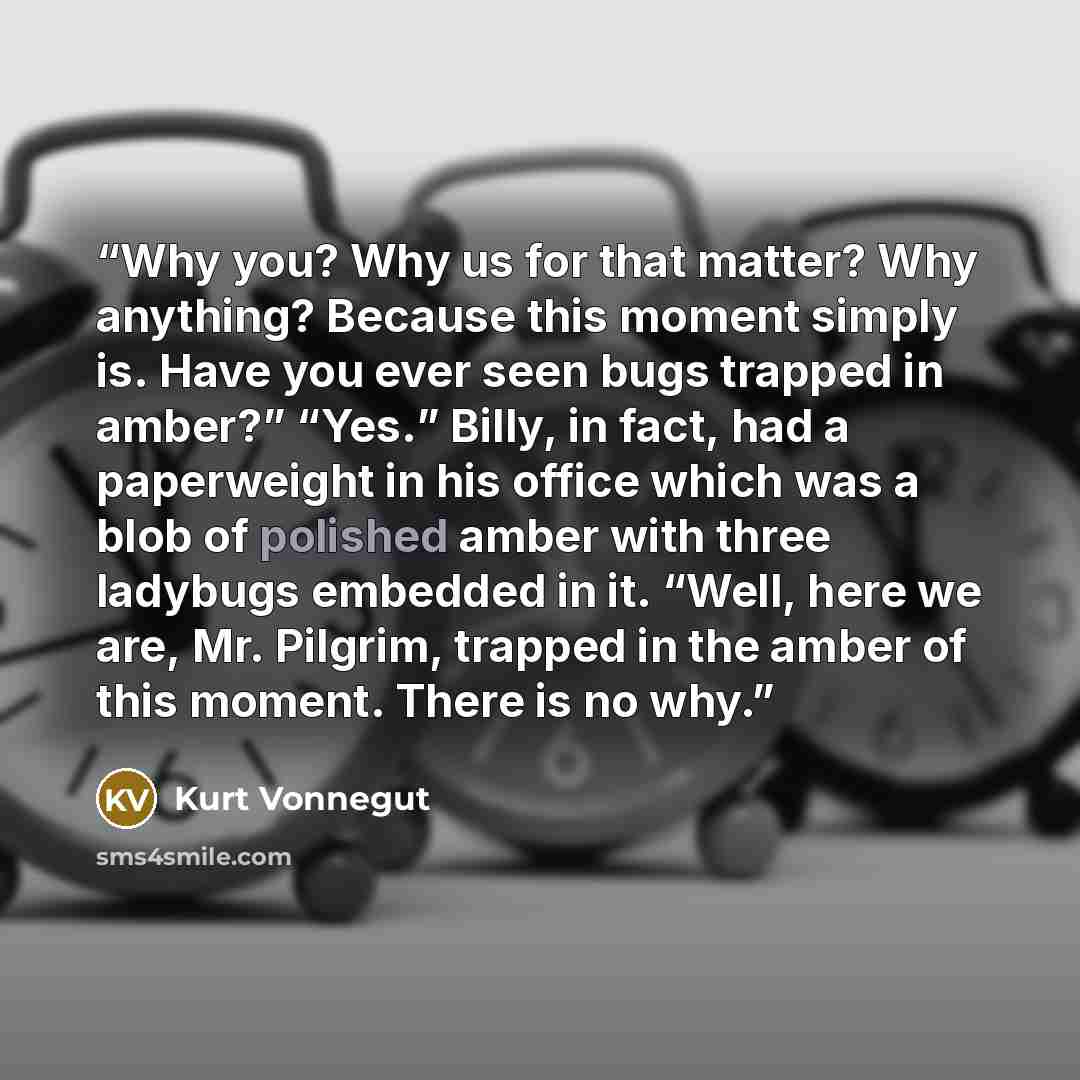 “Why you? Why us for that matter? Why anything? Because this moment simply is. Have you ever seen bugs trapped in amber?” “Yes.” Billy, in fact, had a paperweight in his office which was a blob of polished amber with three ladybugs embedded in it. “Well, here we are, Mr. Pilgrim, trapped in the…” quote by Kurt Vonnegut