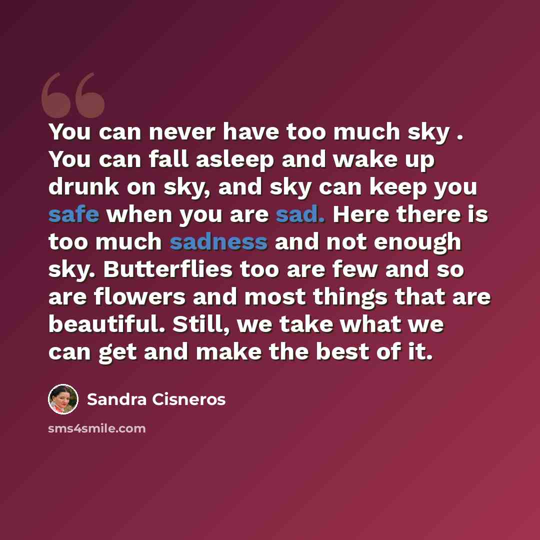 “You can never have too much sky . You can fall asleep and wake up drunk on sky, and sky can keep you safe when you are sad. Here there is too much sadness and not enough sky. Butterflies too are few and so are flowers and most things that are beautiful. Still, we take what we can get and make the…” quote by Sandra Cisneros