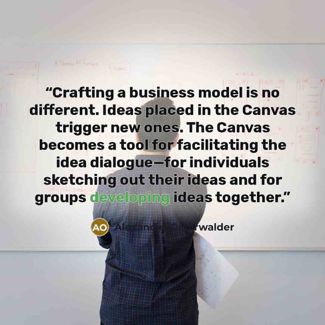 “Crafting a business model is no different. Ideas placed in the Canvas trigger new ones. The Canvas becomes a tool for facilitating the idea dialogue—for individuals sketching out their ideas and for groups developing ideas together.” quote by Alexander Osterwalder