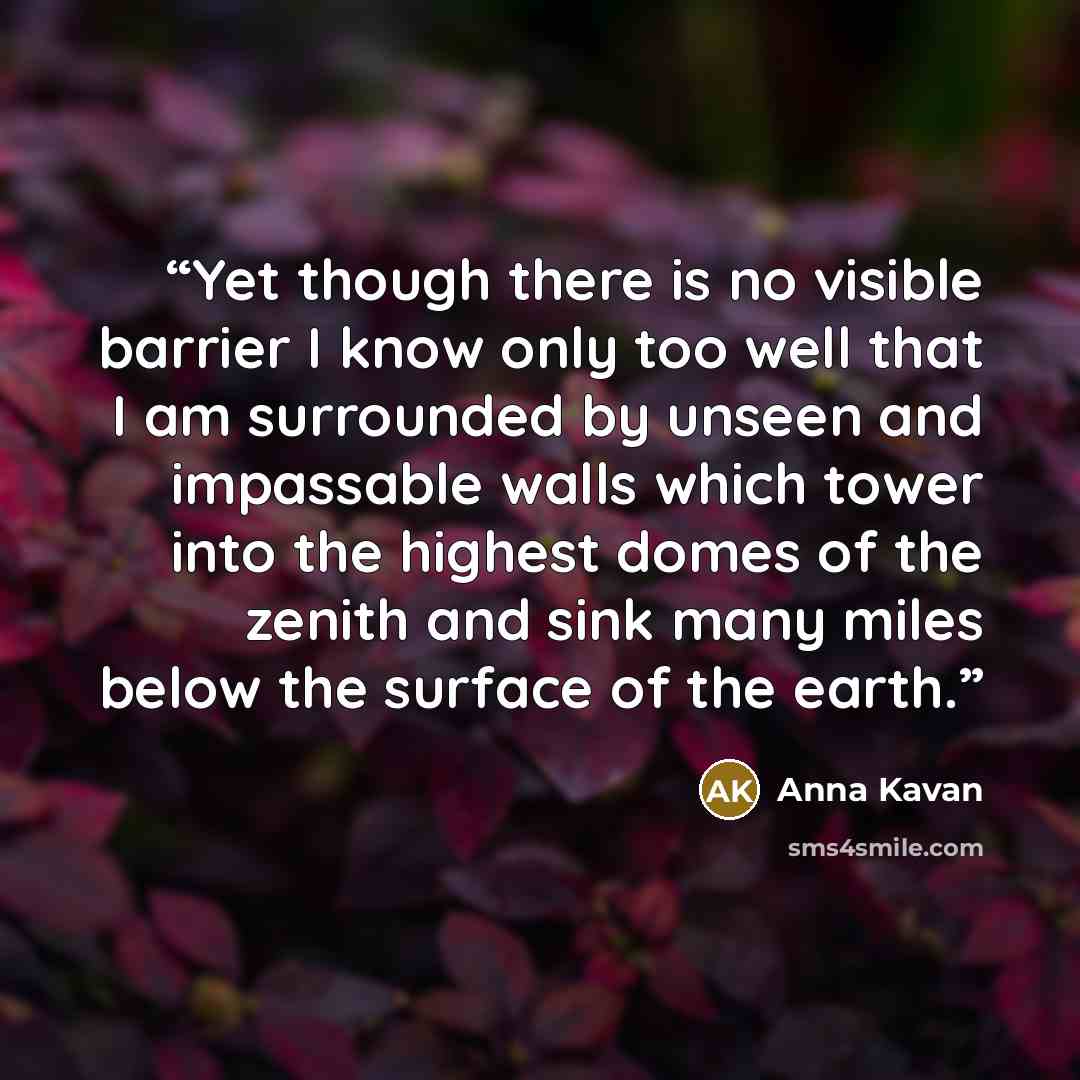 “Yet though there is no visible barrier I know only too well that I am surrounded by unseen and impassable walls which tower into the highest domes of the zenith and sink many miles below the surface of the earth.” quote by Anna Kavan