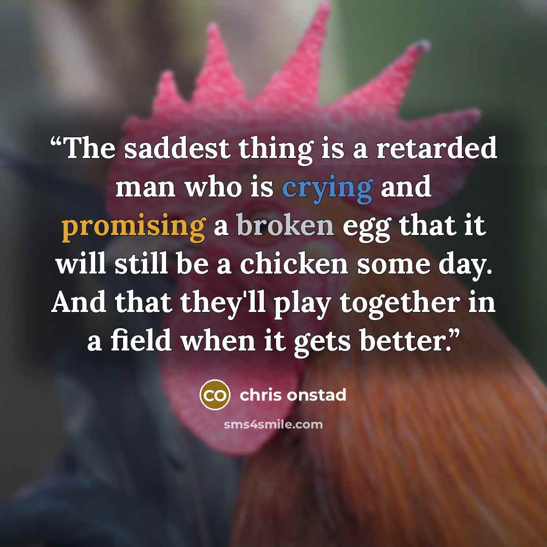 “The saddest thing is a retarded man who is crying and promising a broken egg that it will still be a chicken some day. And that they'll play together in a field when it gets better.” quote by Chris Onstad