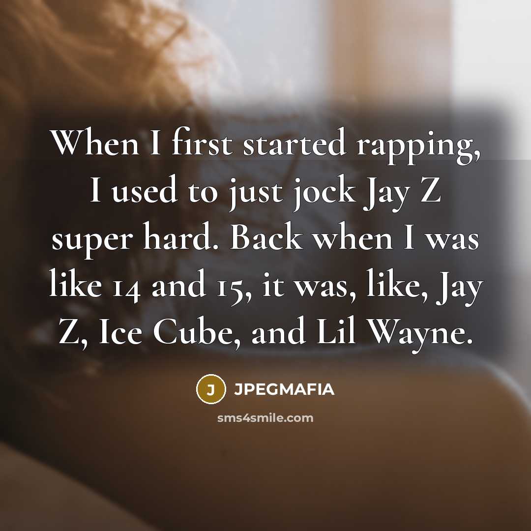 “When I first started rapping, I used to just jock Jay Z super hard. Back when I was like 14 and 15, it was, like, Jay Z, Ice Cube, and Lil Wayne.” quote by JPEGMAFIA