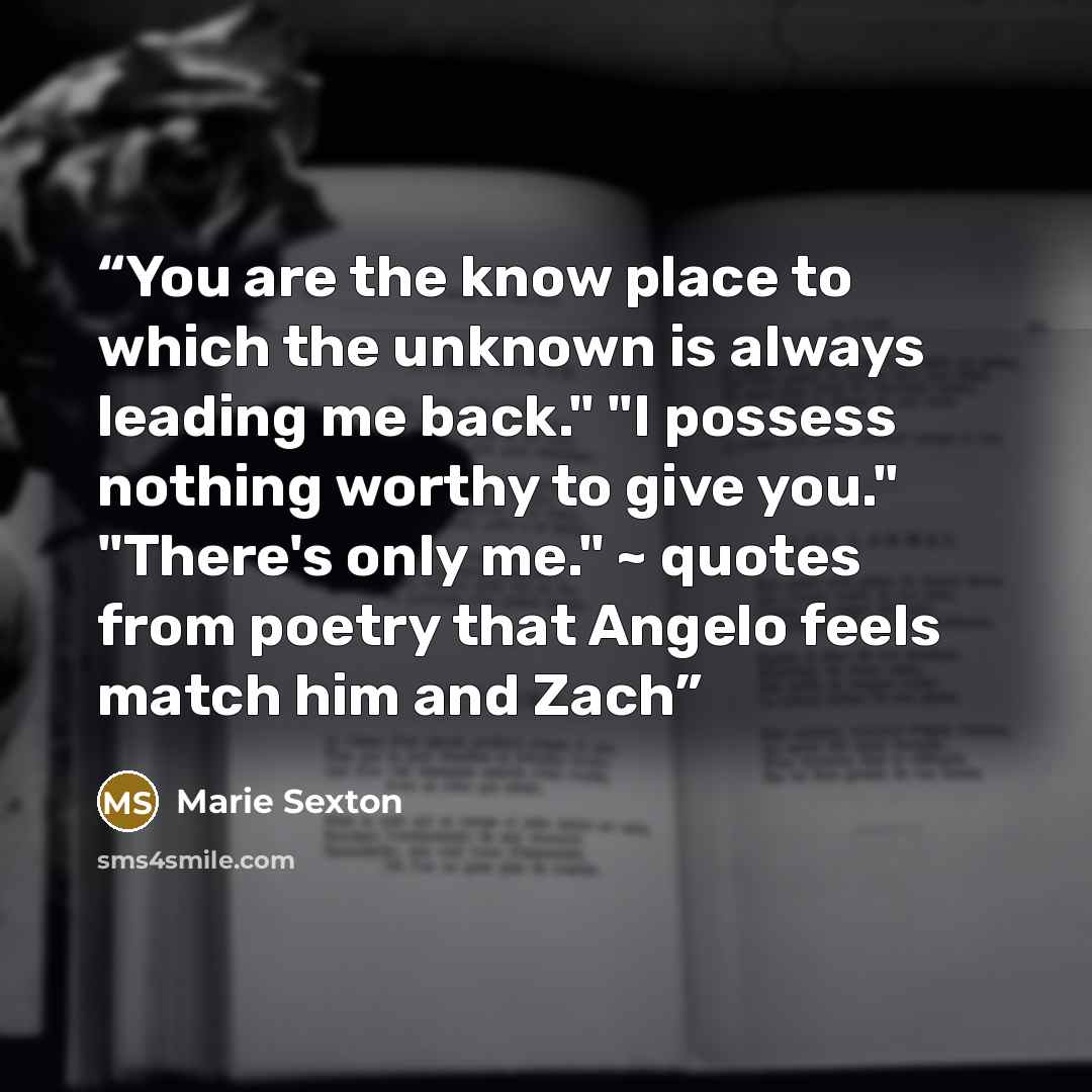 “You are the know place to which the unknown is always leading me back." "I possess nothing worthy to give you." "There's only me." ~ quotes from poetry that Angelo feels match him and Zach” quote by Marie Sexton