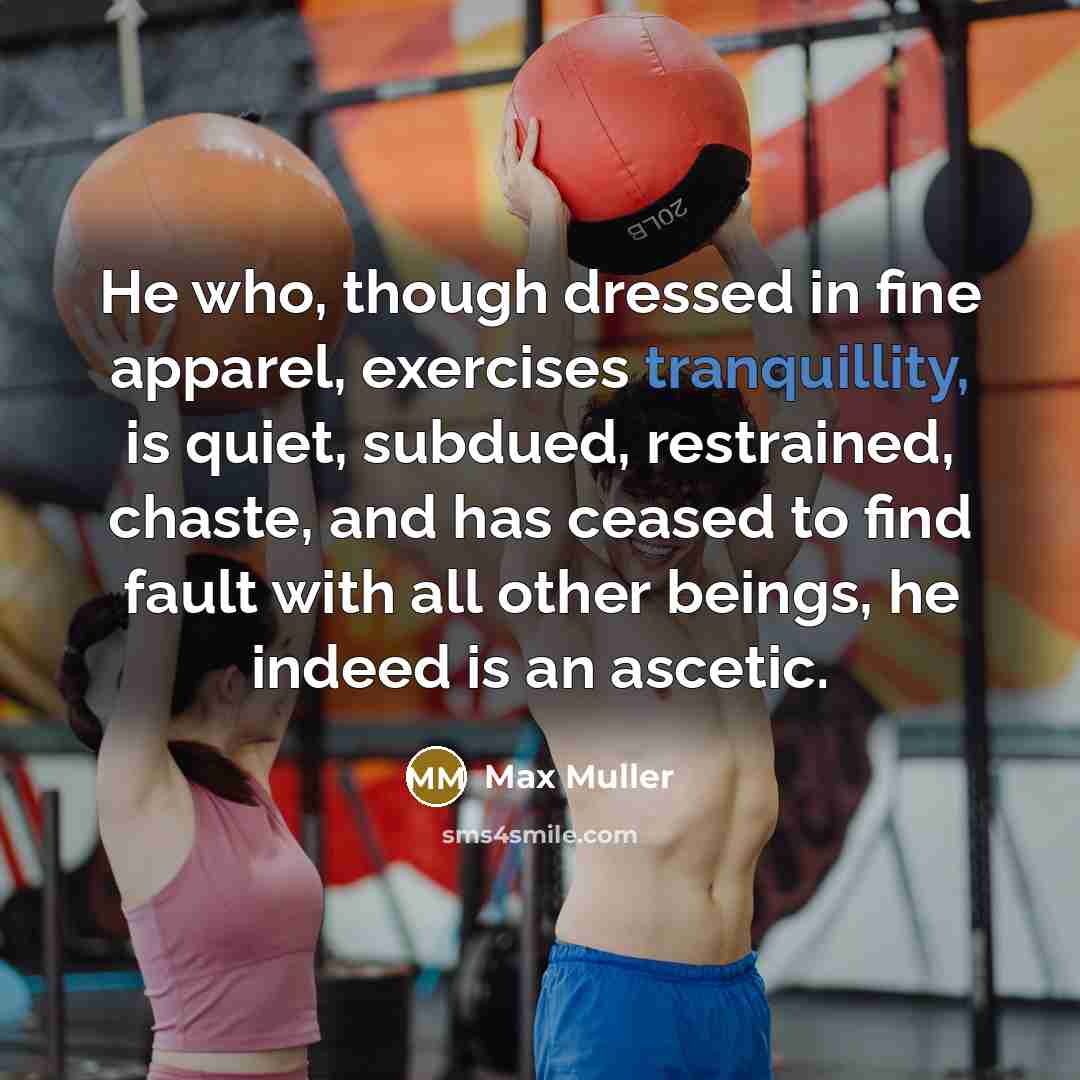 “He who, though dressed in fine apparel, exercises tranquillity, is quiet, subdued, restrained, chaste, and has ceased to find fault with all other beings, he indeed is an ascetic.” quote by Max Muller