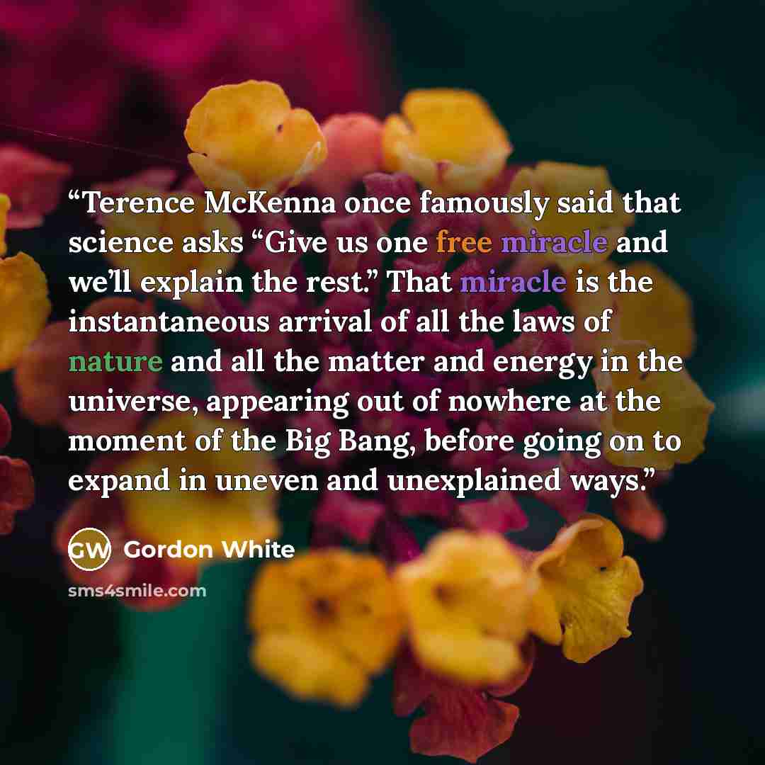 “Terence McKenna once famously said that science asks “Give us one free miracle and we’ll explain the rest.” That miracle is the instantaneous arrival of all the laws of nature and all the matter and energy in the universe, appearing out of nowhere at the moment of the Big Bang, before going on to…” quote by Gordon White