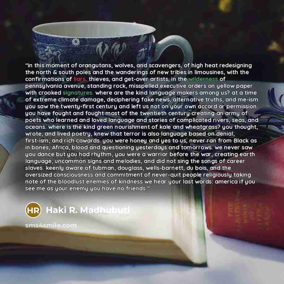 “in this moment of orangutans, wolves, and scavengers, of high heat redesigning the north & south poles and the wanderings of new tribes in limousines, with the confirmations of liars, thieves, and get-over artists, in the wilderness of pennsylvania avenue, standing rock, misspelled executive…” quote by Haki R. Madhubuti