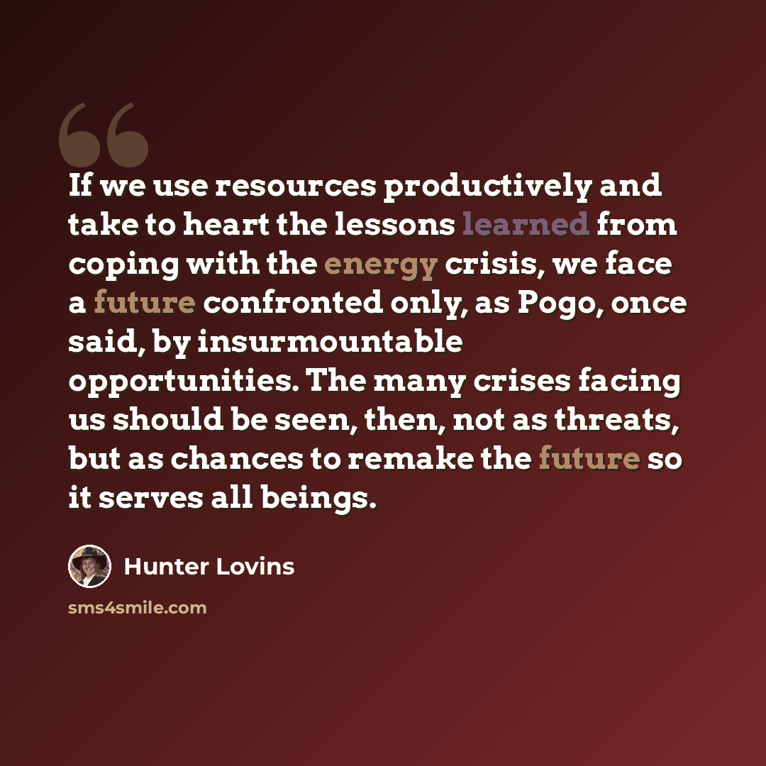 “If we use resources productively and take to heart the lessons learned from coping with the energy crisis, we face a future confronted only, as Pogo, once said, by insurmountable opportunities. The many crises facing us should be seen, then, not as threats, but as chances to remake the future so…” quote by Hunter Lovins