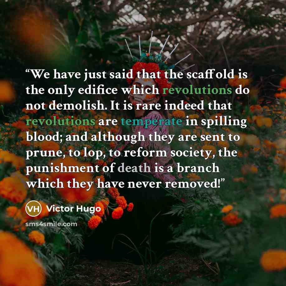 “We have just said that the scaffold is the only edifice which revolutions do not demolish. It is rare indeed that revolutions are temperate in spilling blood; and although they are sent to prune, to lop, to reform society, the punishment of death is a branch which they have never removed!” quote by Victor Hugo