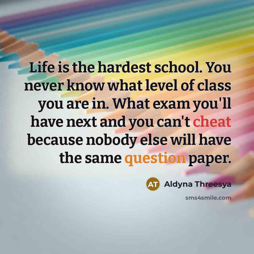 “Life is the hardest school. You never know what level of class you are in. What exam you'll have next and you can't cheat because nobody else will have the same question paper.” quote by Aldyna Threesya