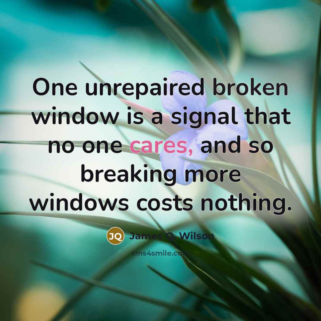 “One unrepaired broken window is a signal that no one cares, and so breaking more windows costs nothing.” quote by James Q. Wilson