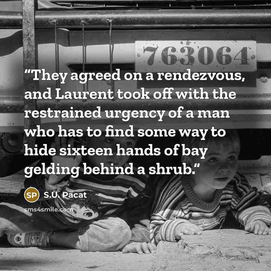 “They agreed on a rendezvous, and Laurent took off with the restrained urgency of a man who has to find some way to hide sixteen hands of bay gelding behind a shrub.” quote by S.U. Pacat