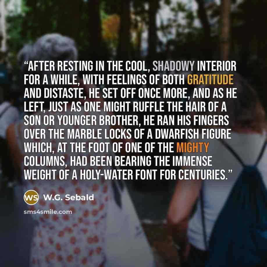 “After resting in the cool, shadowy interior for a while, with feelings of both gratitude and distaste, he set off once more, and as he left, just as one might ruffle the hair of a son or younger brother, he ran his fingers over the marble locks of a dwarfish figure which, at the foot of one of the…” quote by W.G. Sebald