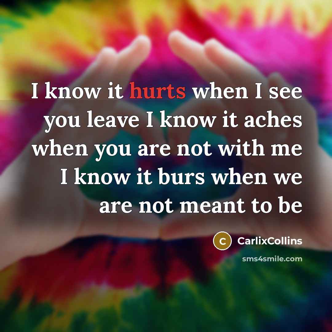 “I know it hurts when I see you leave I know it aches when you are not with me I know it burs when we are not meant to be” quote by CarlixCollins
