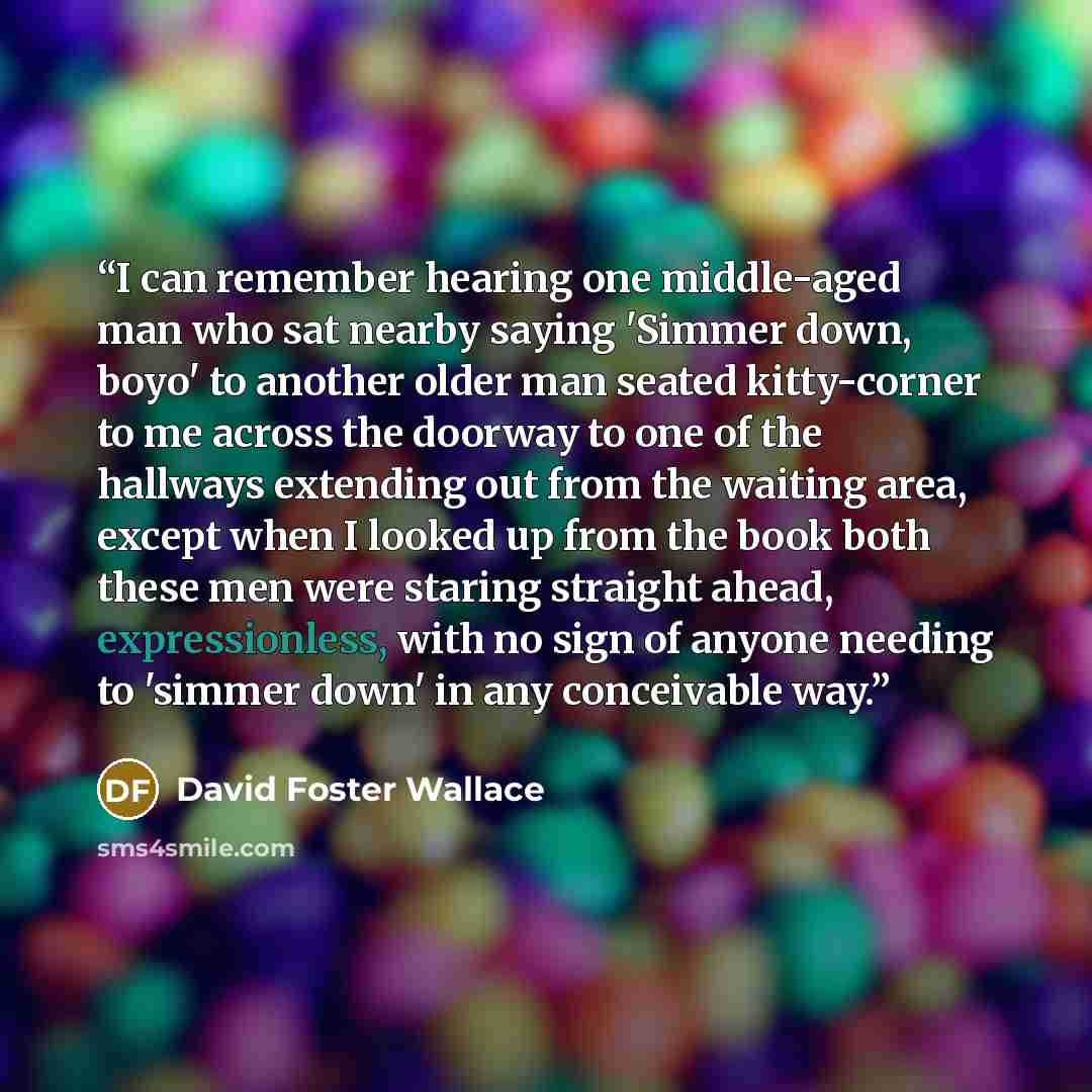 “I can remember hearing one middle-aged man who sat nearby saying 'Simmer down, boyo' to another older man seated kitty-corner to me across the doorway to one of the hallways extending out from the waiting area, except when I looked up from the book both these men were staring straight ahead…” quote by David Foster Wallace