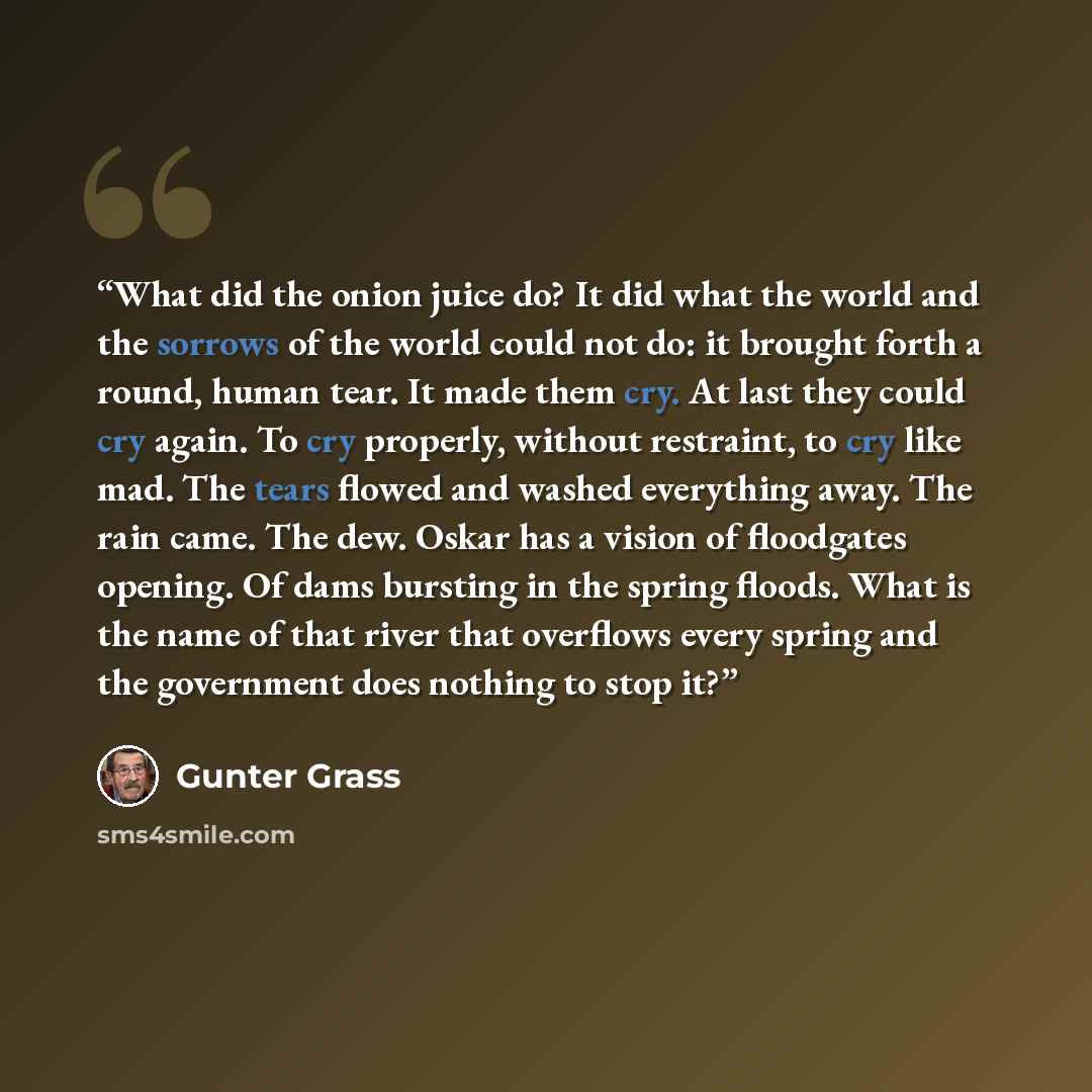 “What did the onion juice do? It did what the world and the sorrows of the world could not do: it brought forth a round, human tear. It made them cry. At last they could cry again. To cry properly, without restraint, to cry like mad. The tears flowed and washed everything away. The rain came. The…” quote by Günter Grass